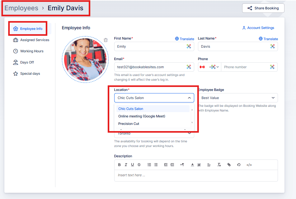 A user profile page for an employee named Emily Davis shows a profile photo, contact info, and a dropdown menu with location options for appointments.