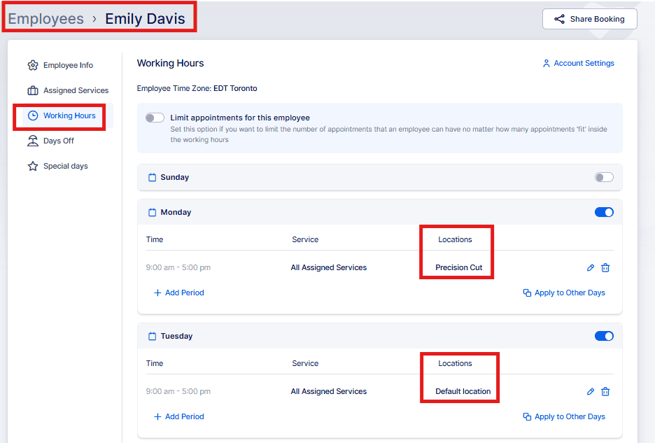 Screenshot of an employee scheduling page for Emily Davis, showing working hours and assigned locations: "Precision Cut" on Monday and "Default location" on Tuesday.