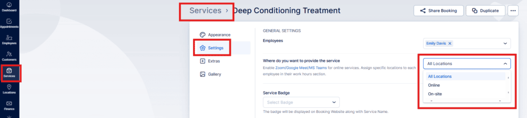 Screenshot of a software interface showing the 'Services' section under 'Deep Conditioning Treatment,' with 'Settings' and location options highlighted.