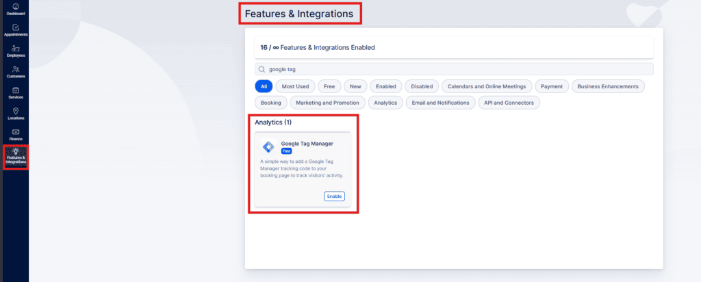 A dashboard page titled "Features & Integrations" displays the option to enable Google Tag Manager under Analytics settings.