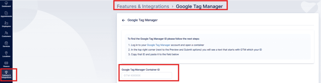 Screenshot of a software interface showing the Google Tag Manager integration setup, with navigation menus and a field to enter the Google Tag Manager Container ID.