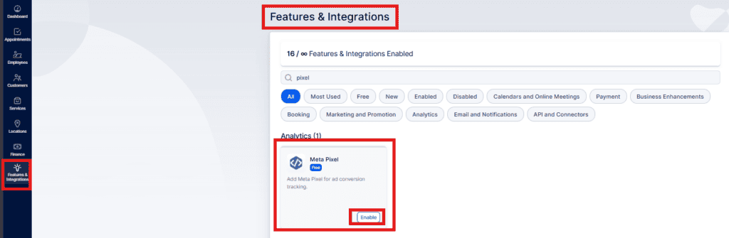 A dashboard screen under "Features & Integrations" shows a search for "pixel" and the option to enable "Meta Pixel" for ad conversion tracking.