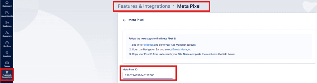 Screenshot of a Meta Pixel setup page showing instructions and a Meta Pixel ID. "Features & Integrations > Meta Pixel" is highlighted at the top.