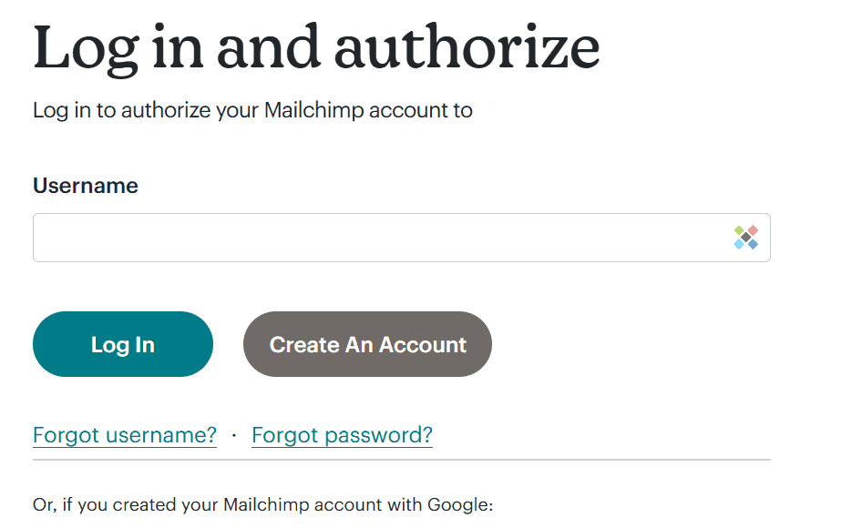 Login page for Mailchimp displaying fields for username, buttons for "Log In" and "Create An Account," and links for forgotten username or password.