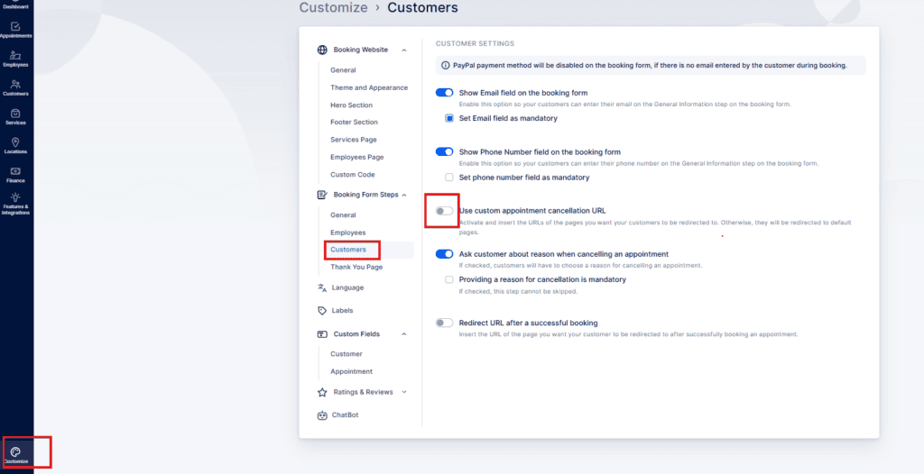 Screenshot of a customer settings page showing options for booking form requirements, with "Customers" and "Use custom appointment cancellation URL" highlighted.