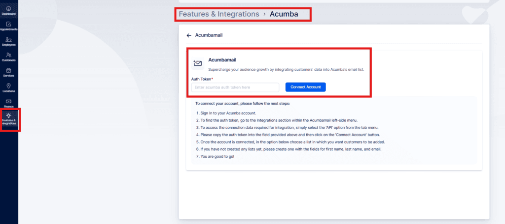 Screenshot of a web page showing the "Acumba" integration setup, with fields for an Auth Token and instructions for connecting an Acumbamail account.
