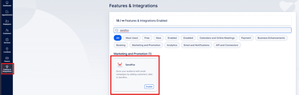 A dashboard shows the "Features & Integrations" tab with a search for "sendfox." The SendFox integration card is highlighted, with an "Enable" button displayed.