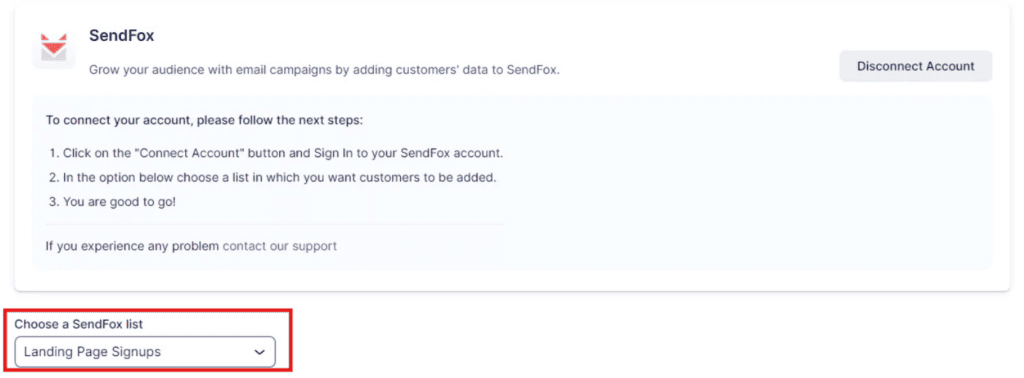 SendFox account integration instructions with a dropdown menu highlighted for selecting a SendFox list, currently showing "Landing Page Signups.