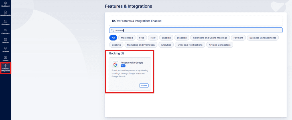 Admin dashboard showing the Features & Integrations page with "Reserve" searched and the "Reserve with Google" booking feature highlighted and ready to enable.