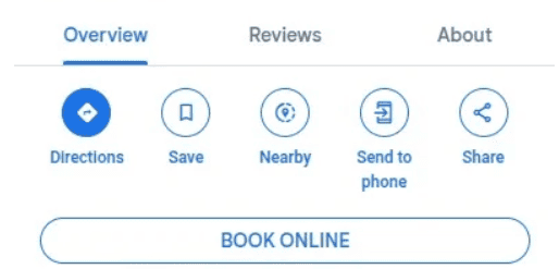 Navigation menu with tabs for Overview, Reviews, and About, and icons for Directions, Save, Nearby, Send to phone, Share, plus a "Book Online" button.