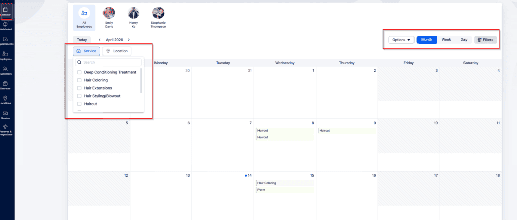 A digital calendar interface displays booking options for hair services on the left and view filters for month, week, and day on the right.
