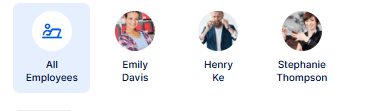 Profile icons for "All Employees," Emily Davis, Henry Ke, and Stephanie Thompson are shown in a horizontal row.