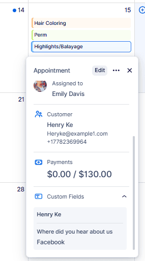 A digital appointment summary shows customer Henry Ke with services: hair coloring, perm, highlights/balayage, payment balance of $130, and a note about hearing from Facebook.