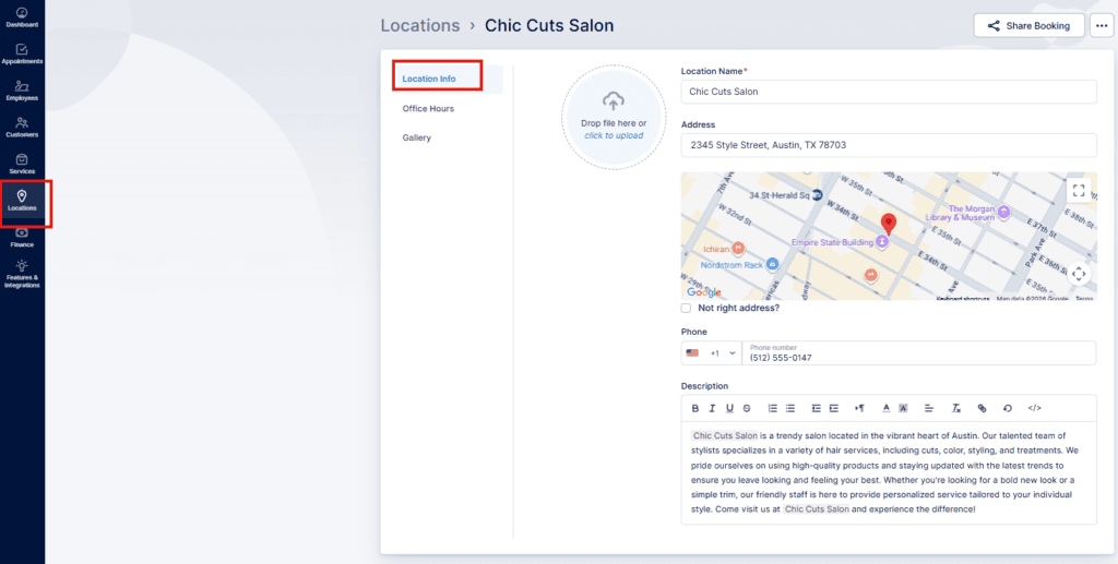 A web dashboard shows the "Location Info" tab for Chic Cuts Salon, displaying address, map, phone, and description fields for the location.