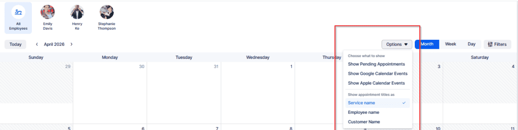 A digital calendar interface for April 2026 displays an options menu with choices to show appointments and calendar events by service name or customer name.
