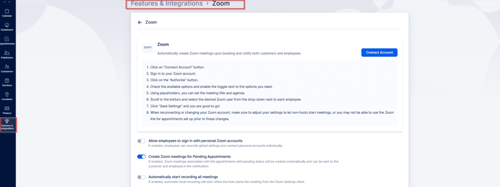 Screenshot of a Zoom integration settings page, showing options to connect a Zoom account, configure meeting settings, and toggle features for employees and appointments.