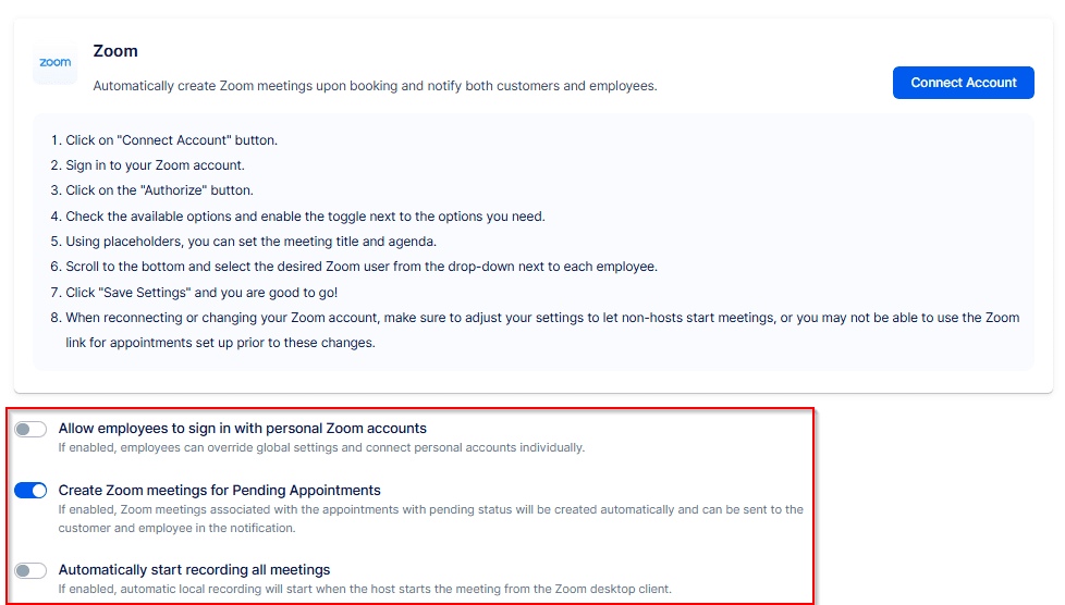 Screenshot of Zoom integration settings, highlighting the option to allow employees to sign in with personal Zoom accounts and options for creating meetings and automatic recording.
