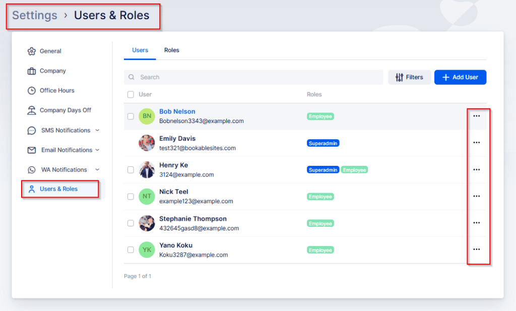 Screenshot of a web dashboard showing the "Users & Roles" settings section with a list of users, their roles, and options to edit each user.