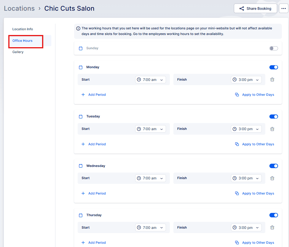 A screenshot of the "Office Hours" settings for Chic Cuts Salon, showing editable working hours for each weekday, with toggles to enable or disable and options to add periods.
