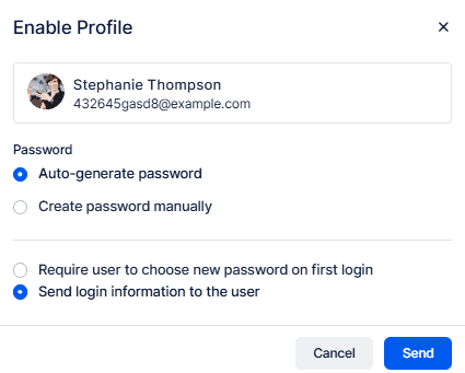 A user interface window titled "Enable Profile" displays profile info and password setup options, with "Send login information to the user" selected.