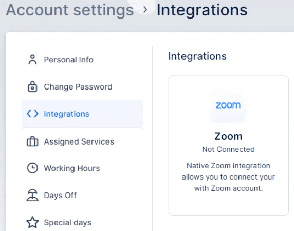 Account settings page showing integration options with Zoom, which is currently not connected. Menu options are listed on the left sidebar.