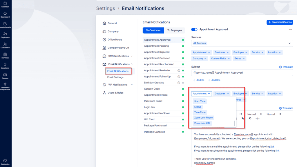 Screenshot of an email notification settings page showing customization options for appointment approval emails, including service filters, placeholders, and message editor.
