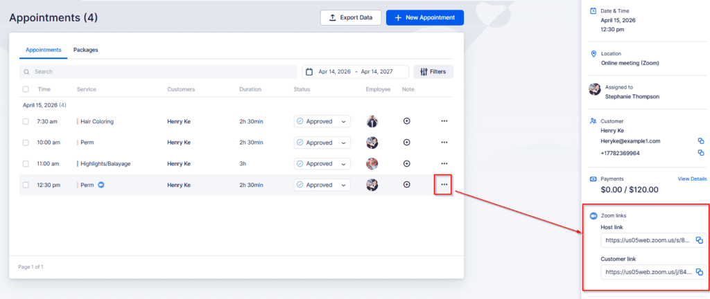 A dashboard shows four appointments with details. The last one is expanded, revealing Zoom links and customer information in a sidebar on the right.