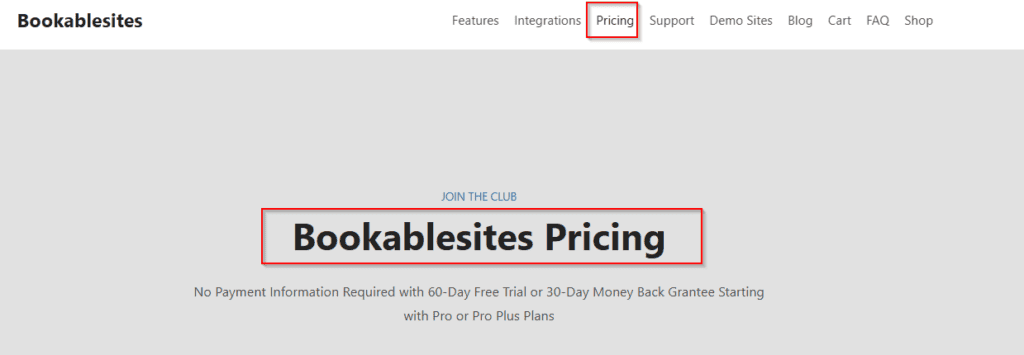 Screenshot of the Bookablesites website showing the Pricing page with the heading "Bookablesites Pricing" and information about free trial and money-back guarantee offers.