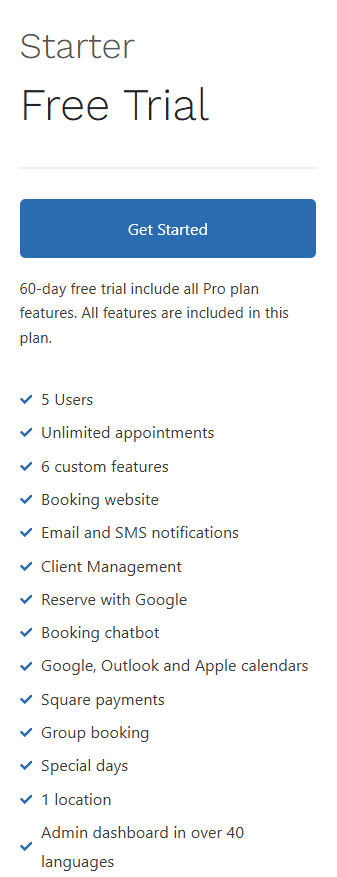 Screenshot of a "Starter Free Trial" offer listing features such as 5 users, unlimited appointments, booking website, client management, and a 60-day free trial button.
