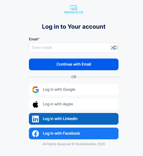 Login page for Bookablesites with email entry field and options to log in using Google, Apple, LinkedIn, or Facebook accounts.