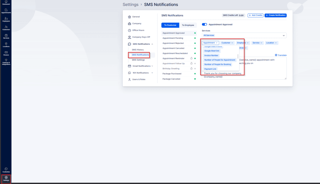 Screenshot of a software settings page showing SMS Notification options with dropdown menus for services, notifications, and dynamic fields like customer name and number of appointments.
