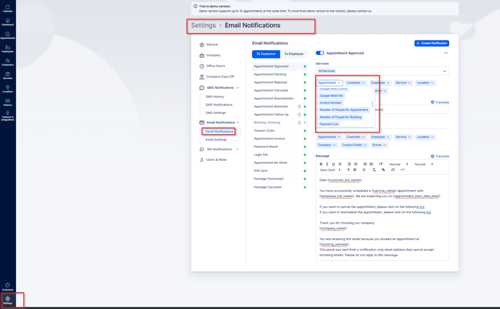 Screenshot of an Email Notifications settings page showing various appointment-related notification options and a dropdown menu for selecting event types.