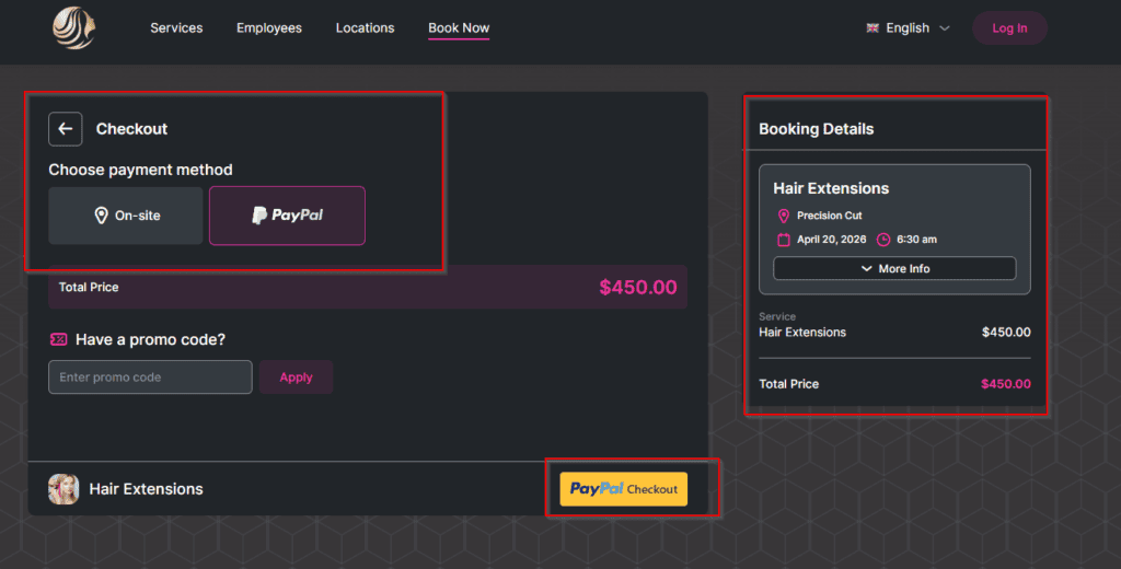 Booking checkout page for hair extensions; PayPal selected as payment method, total price $450.00, option to enter promo code, booking details listed on the right.