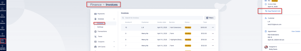 Screenshot of an invoicing dashboard showing a list of invoices under the "Finance > Invoices" section, with the "Invoices" and "Overview" tabs highlighted.