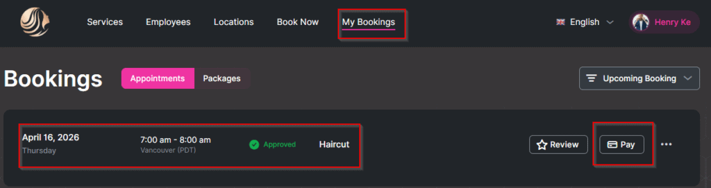 Screenshot of a booking page showing a haircut appointment on April 16, 2026, from 7:00–8:00 am in Vancouver, marked as approved, with options to review or pay.