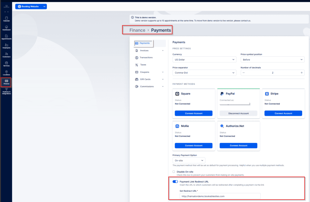 A web dashboard displays the Finance > Payments section, showing payment method options including PayPal, Stripe, Square, Molle, Authorize.net, and Payment Link via ResellerClub.