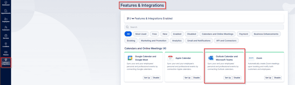 A dashboard shows the "Features & Integrations" section, highlighting the option to enable or disable Outlook Calendar and Microsoft Teams integration.