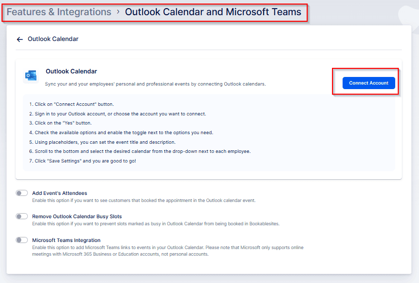 Outlook Calendar integration page with instructions and a blue "Connect Account" button on the right. Additional options for adding attendees and Microsoft Teams integration are listed below.