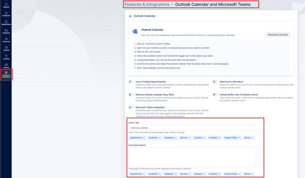 Screenshot of a software interface showing "Outlook Calendar and Microsoft Teams" integration settings, including calendar connection options and an event creation form.