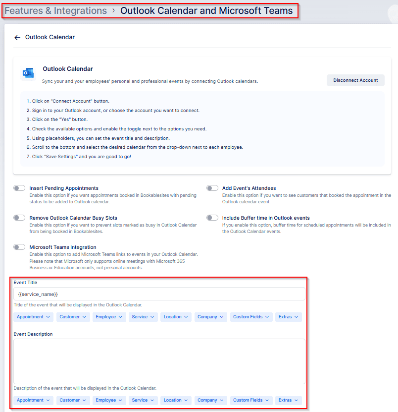 Screenshot of settings page for integrating Outlook Calendar and Microsoft Teams, showing configuration options, instructions, and editable fields for event title and description.