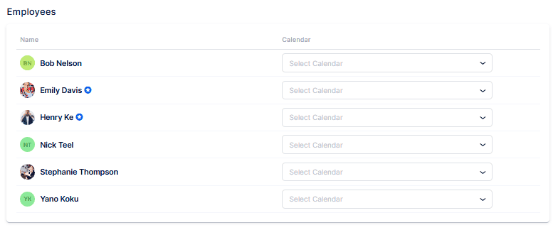 A list of six employees with their names and profile icons, each with a dropdown menu to select a calendar.