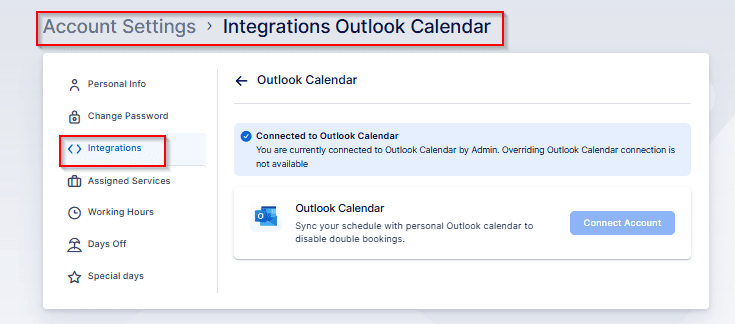 Screenshot of the Integrations Outlook Calendar page in Account Settings, showing an option to connect a personal Outlook Calendar account.