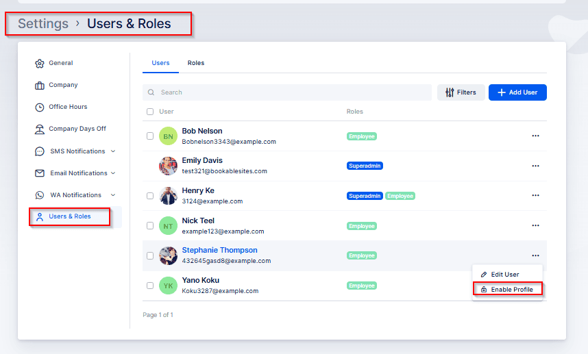 A user is viewing the "Users & Roles" tab in a settings menu, with the option to enable a user profile highlighted in a dropdown menu.