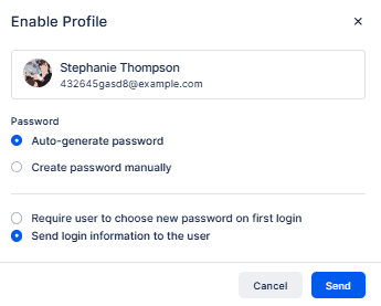 A user interface screen for enabling a profile, showing options to auto-generate or manually create a password and to send login information to the user or require password change on first login.