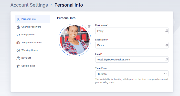 Account settings page showing the personal info section with details for a user named Emily Davis, including email and time zone set to Toronto.