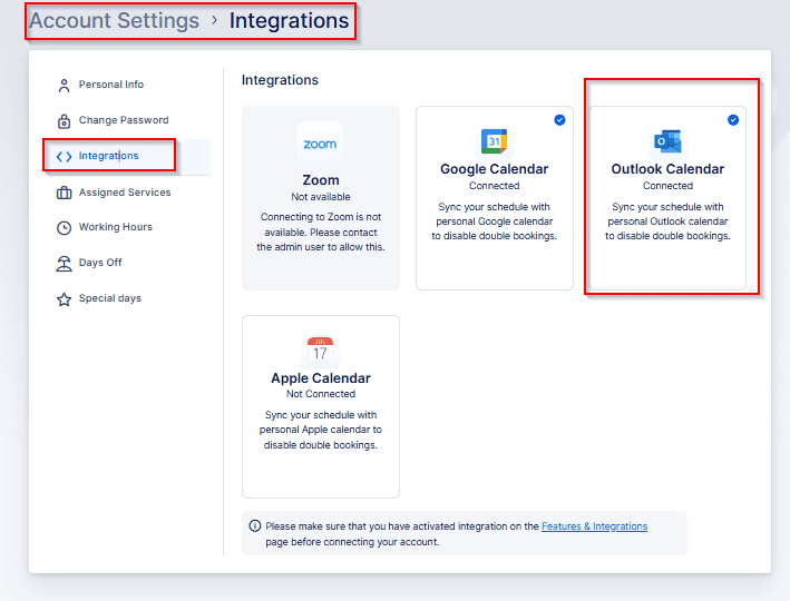 Screenshot of an account settings page showing integration options for Zoom, Google Calendar, Outlook Calendar (highlighted), and Apple Calendar, with Outlook Calendar marked as connected.