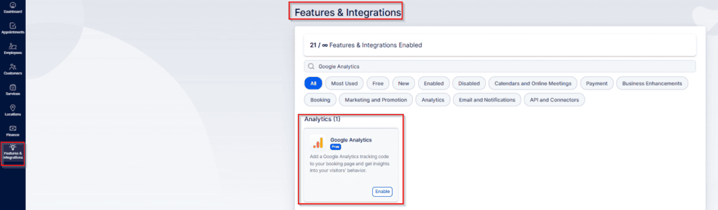 Screenshot of a dashboard's "Features & Integrations" page highlighting the option to enable Google Analytics under the Analytics section.