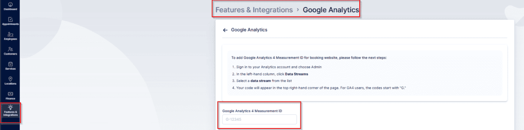 Screenshot of a Google Analytics integration page showing setup steps and a field displaying a Google Analytics Measurement ID. Navigation menu is visible on the left.