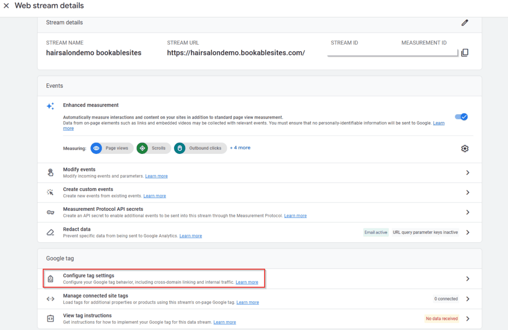 Screenshot of a Google Analytics Web Stream Details page, showing enhanced measurement events and options for configuring and managing Google tags. "Configure tag settings" is highlighted in red.