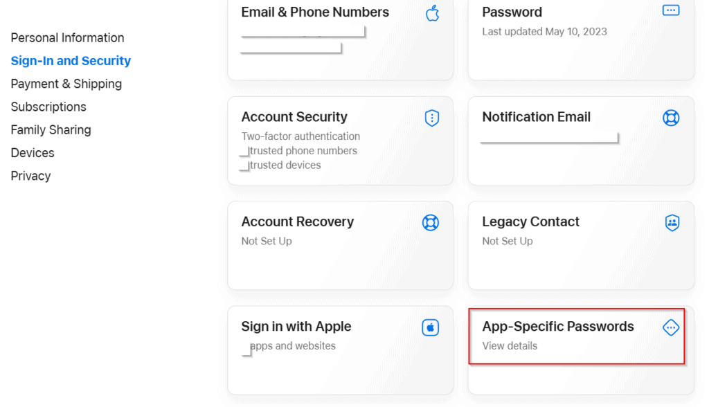Screenshot of a user settings page showing options like Email & Phone Numbers, Password, Account Security, and App-Specific Passwords highlighted with a red border.